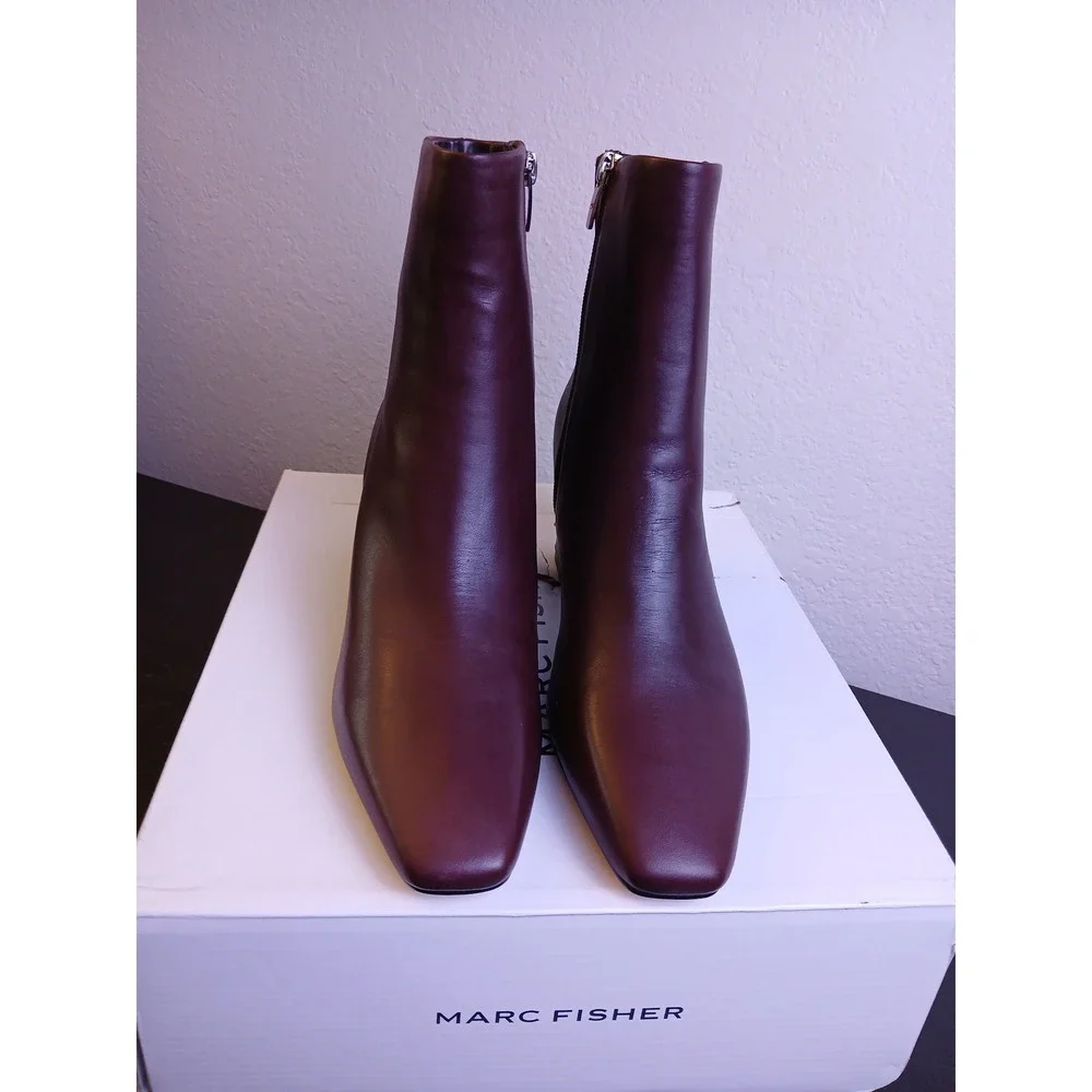Marc Fisher Ulani Dark Red Leather Pointed Toe Block Heel Ankle Boots Women NEW